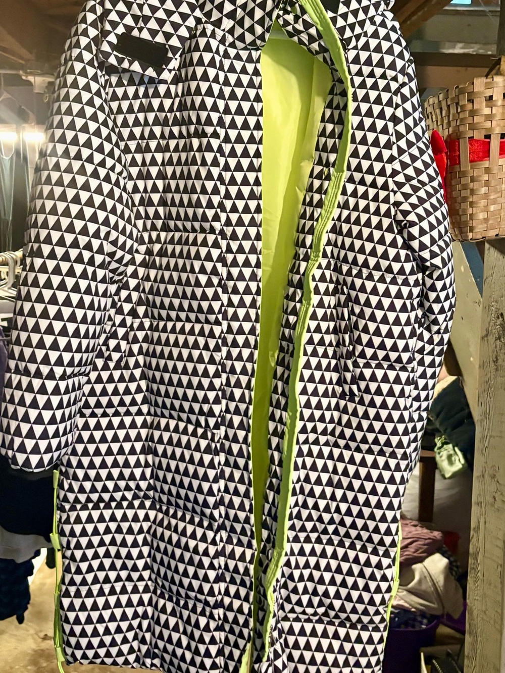 Geometric Black & White Quilted Puffer Coat with Lime Interior